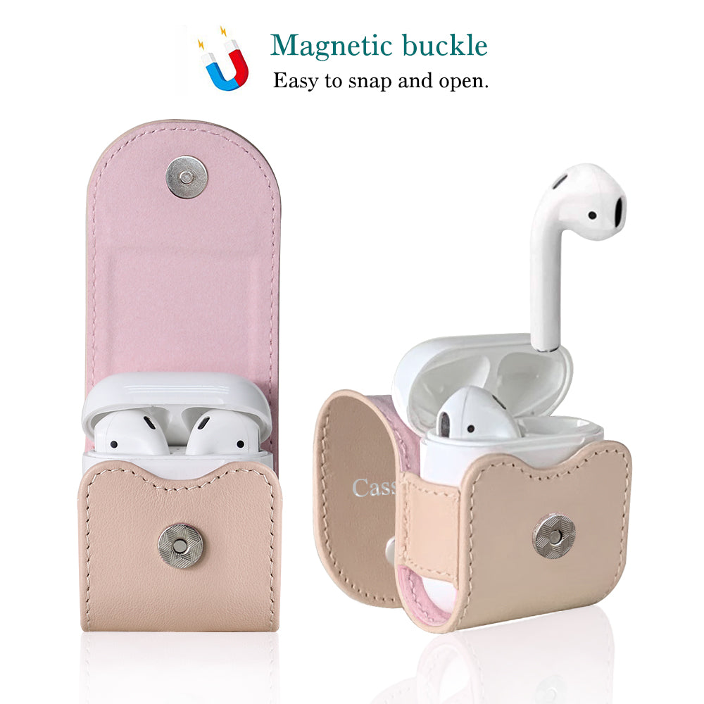 Compatible with Apple Airpods, Cassenger Genuine Italian Leather Magnet Closure Portable Protective Case Cover with Metal Clasp/Keychain/Leather Cable Strap
