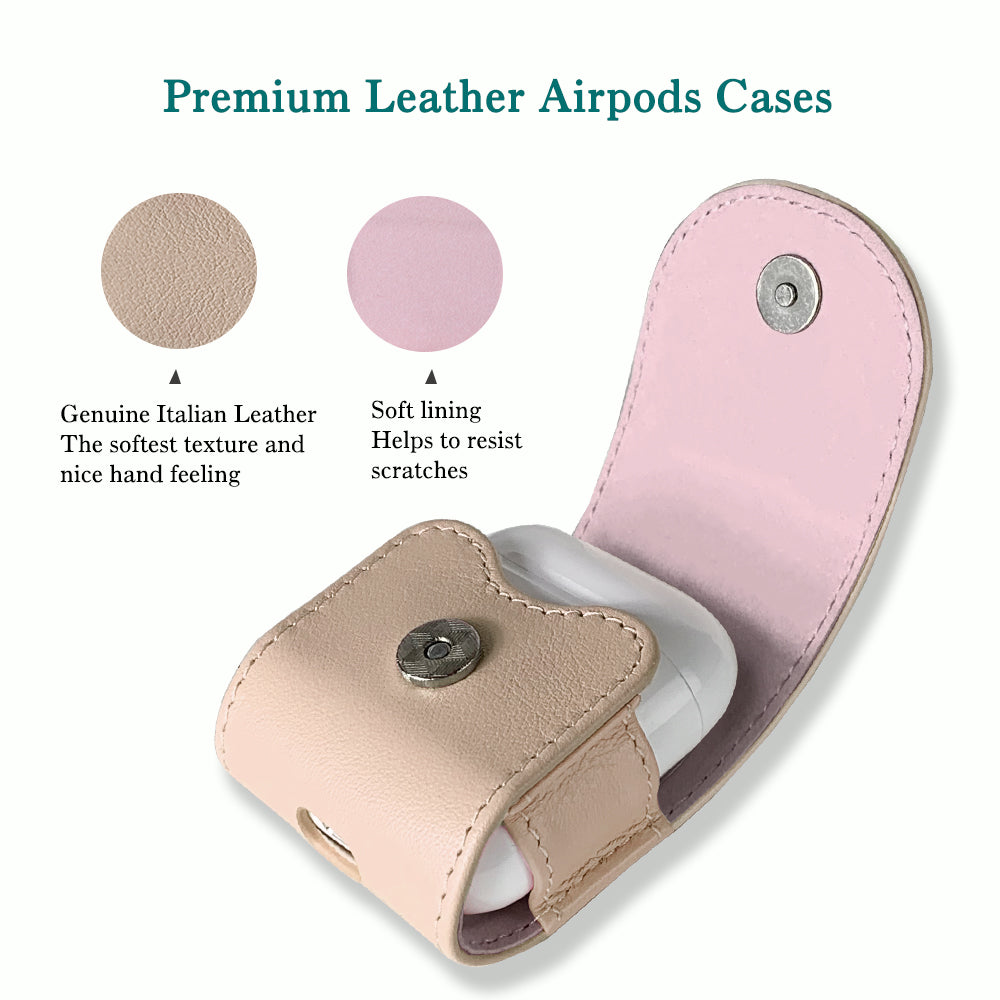Compatible with Apple Airpods, Cassenger Genuine Italian Leather Magnet Closure Portable Protective Case Cover with Metal Clasp/Keychain/Leather Cable Strap
