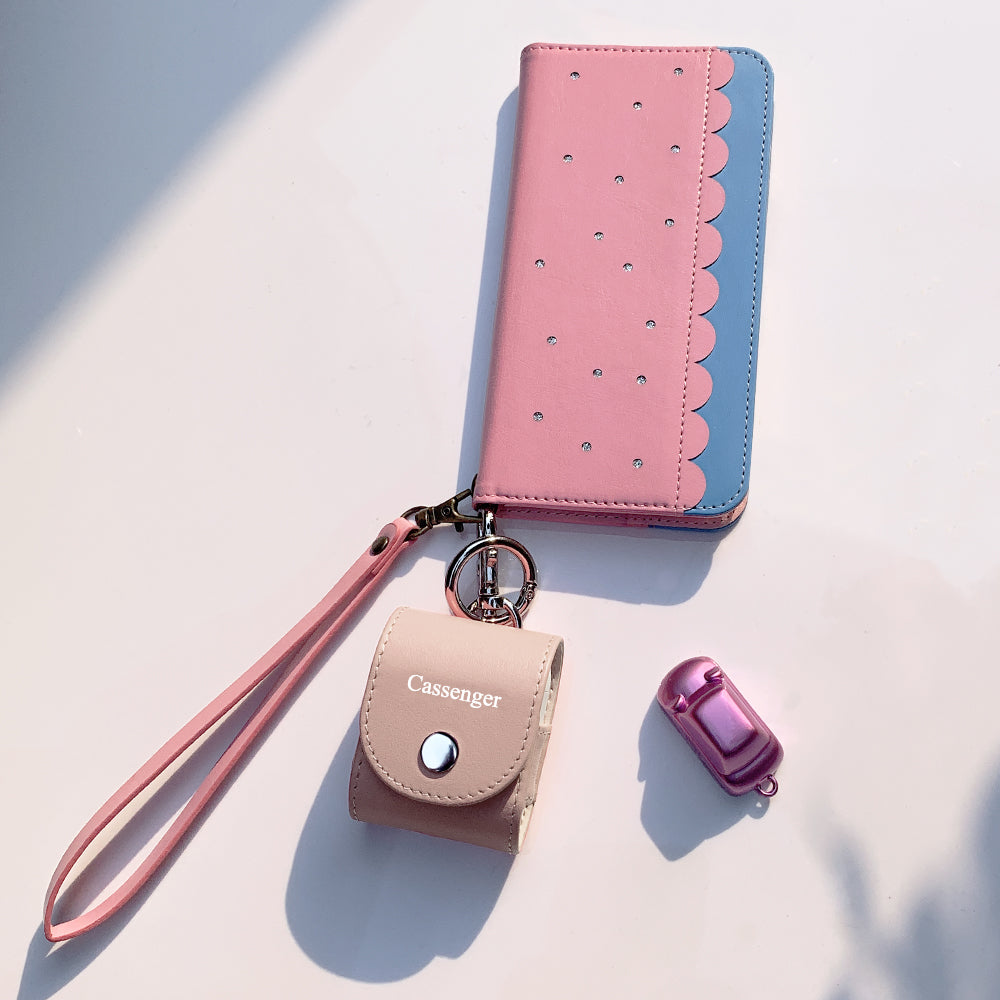 Compatible with Apple Airpods, Cassenger Genuine Italian Leather Magnet Closure Portable Protective Case Cover with Metal Clasp/Keychain/Leather Cable Strap