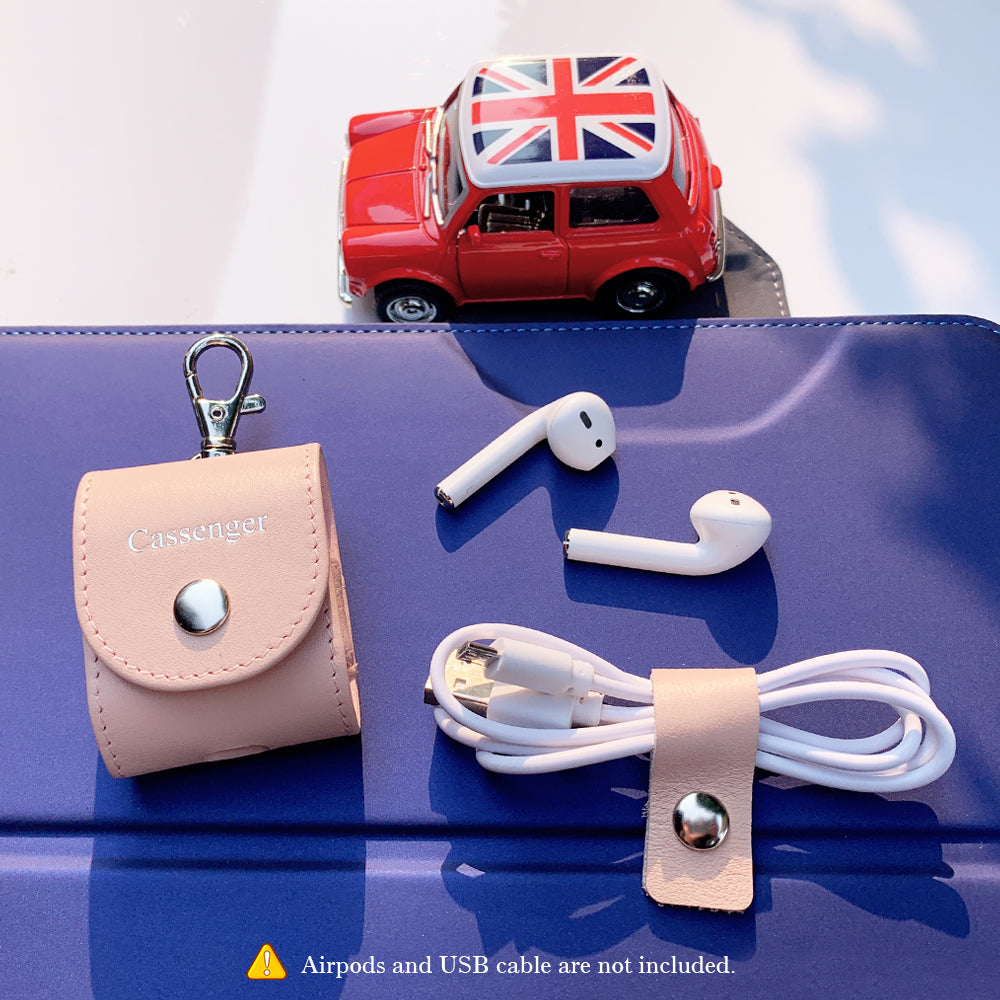 Compatible with Apple Airpods, Cassenger Genuine Italian Leather Magnet Closure Portable Protective Case Cover with Metal Clasp/Keychain/Leather Cable Strap