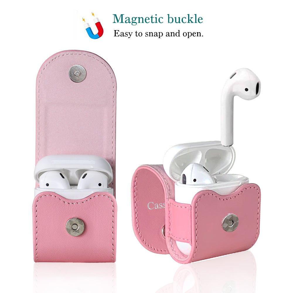 Compatible with Apple Airpods, Cassenger Genuine Italian Leather Magnet Closure Portable Protective Case Cover with Metal Clasp/Keychain/Leather Cable Strap
