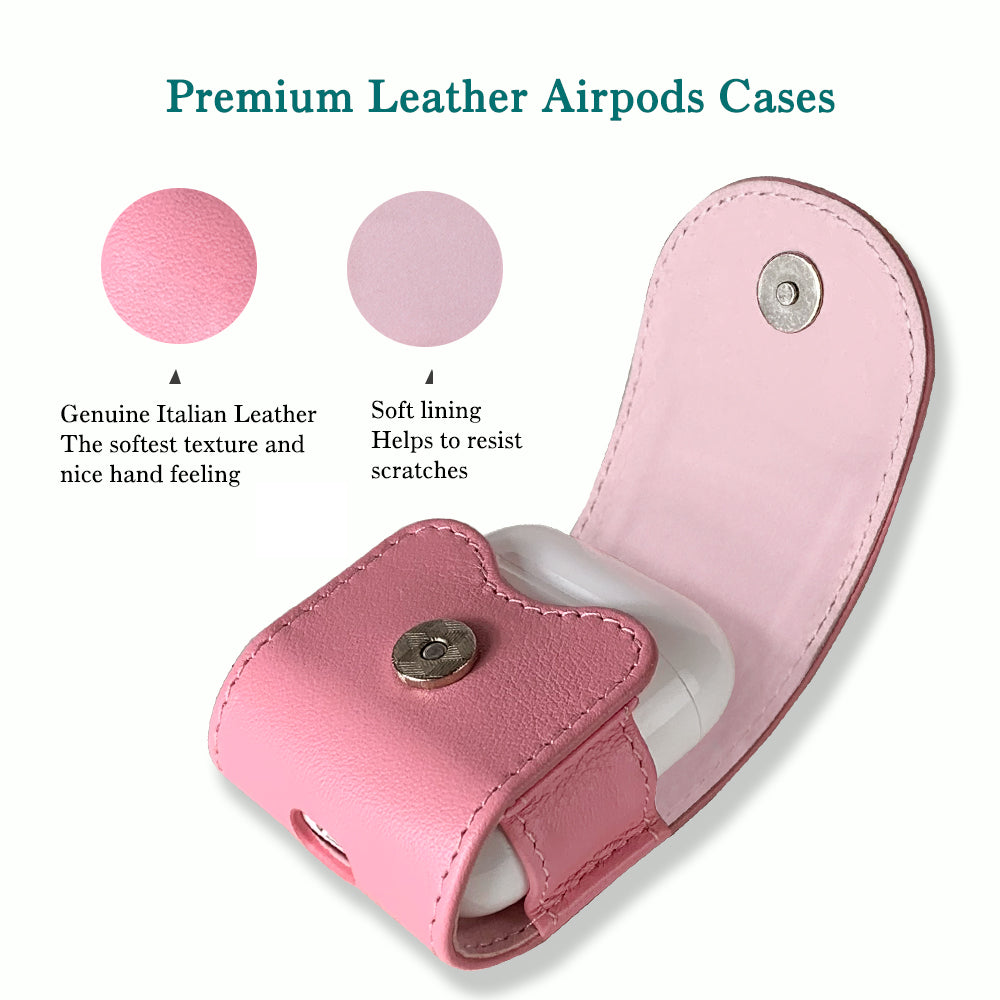 Compatible with Apple Airpods, Cassenger Genuine Italian Leather Magnet Closure Portable Protective Case Cover with Metal Clasp/Keychain/Leather Cable Strap
