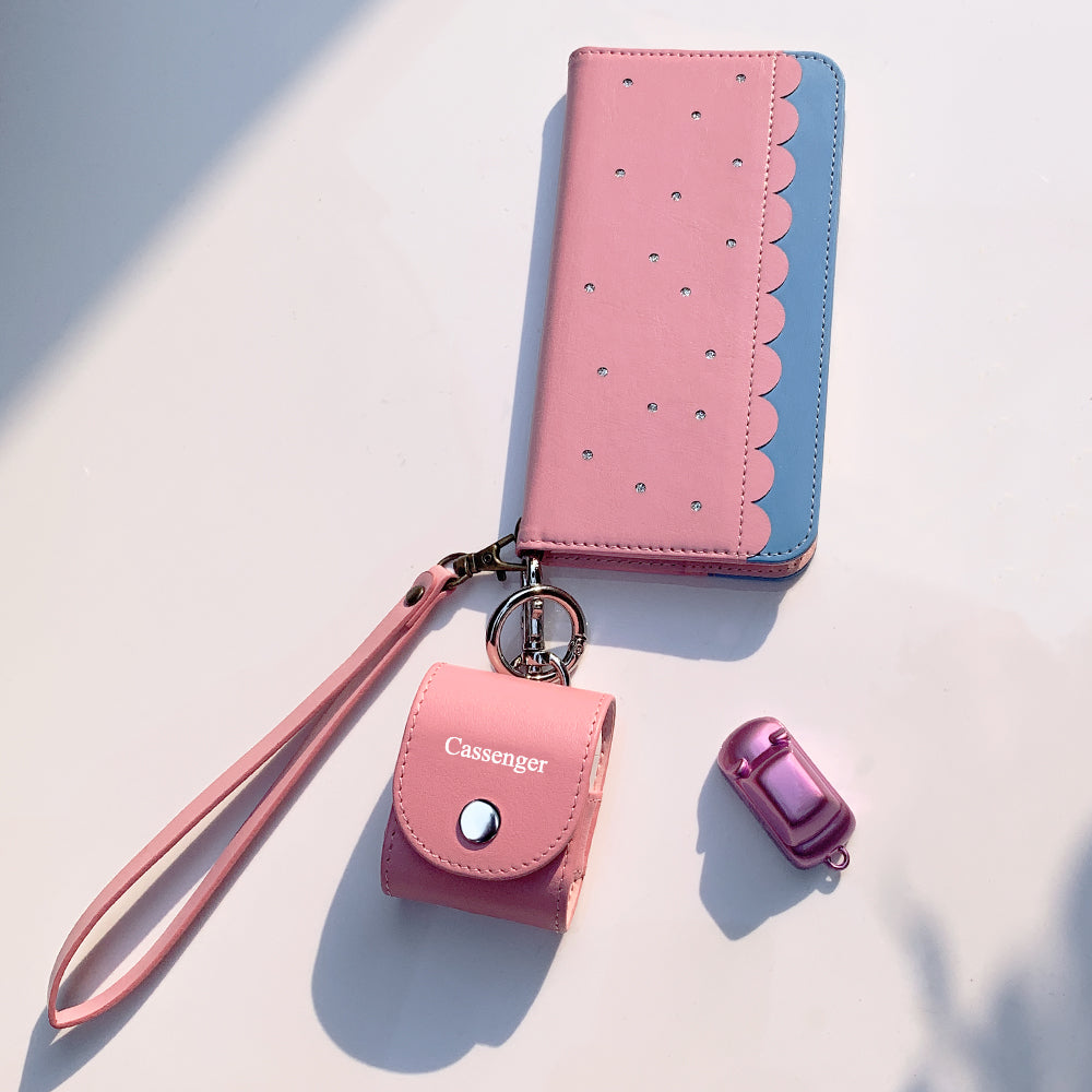 Compatible with Apple Airpods, Cassenger Genuine Italian Leather Magnet Closure Portable Protective Case Cover with Metal Clasp/Keychain/Leather Cable Strap