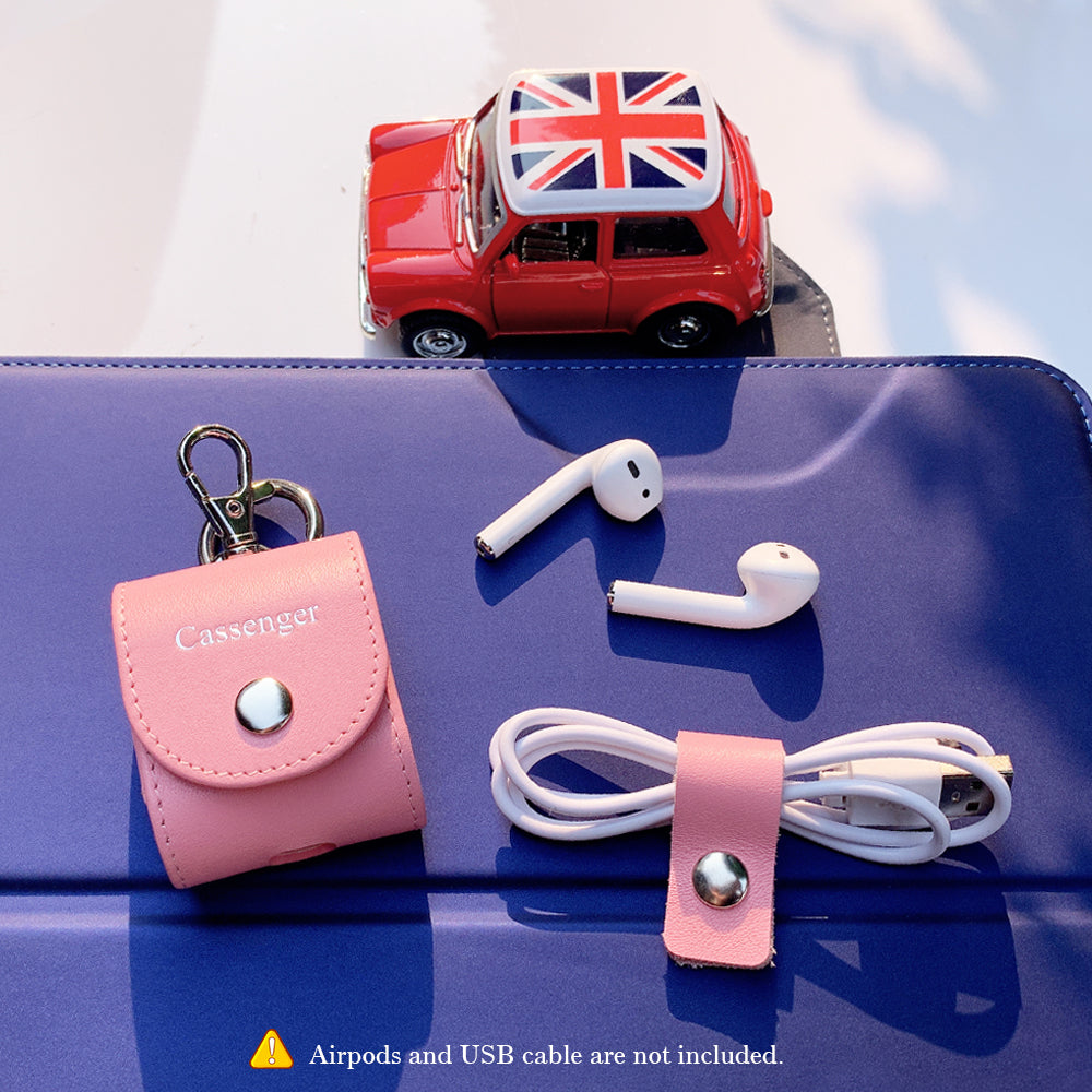 Compatible with Apple Airpods, Cassenger Genuine Italian Leather Magnet Closure Portable Protective Case Cover with Metal Clasp/Keychain/Leather Cable Strap