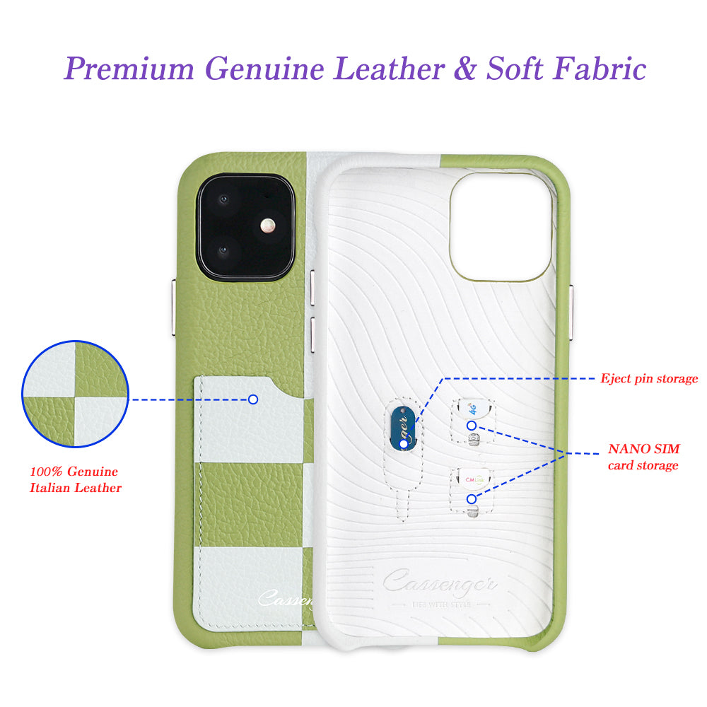 Cassenger Chessboard Series Genuine Italian Leather Case for iPhone 11 - Green & White Checker