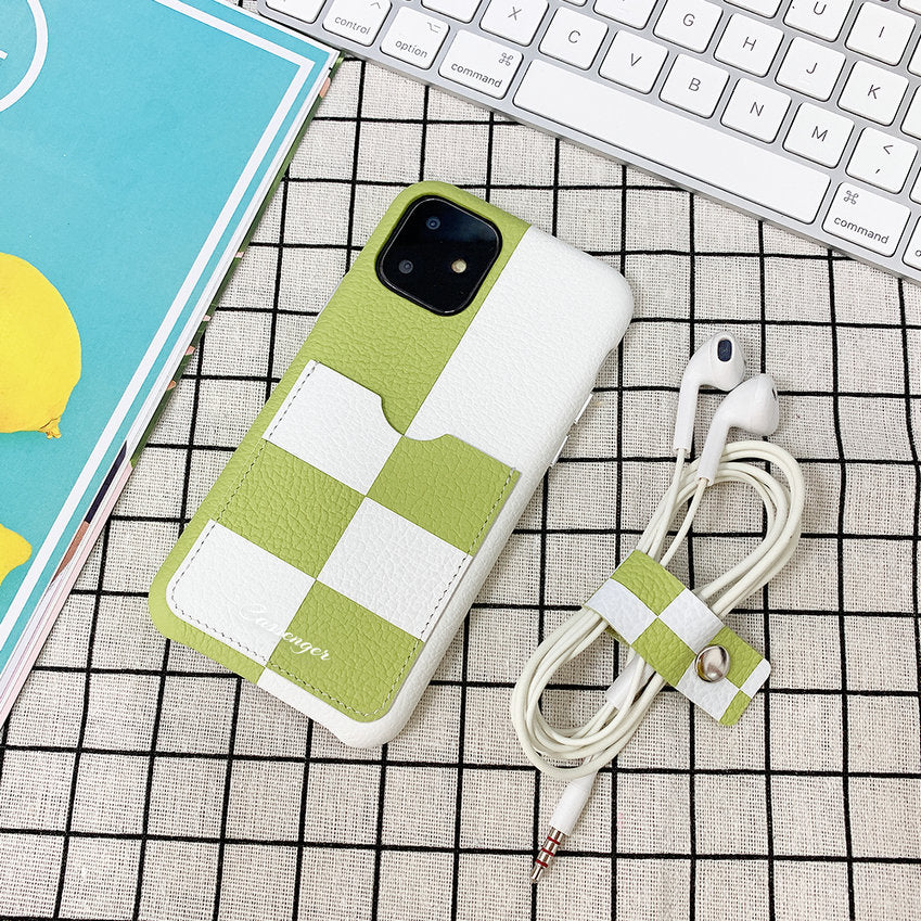 Cassenger Chessboard Series Genuine Italian Leather Case for iPhone 11 - Green & White Checker