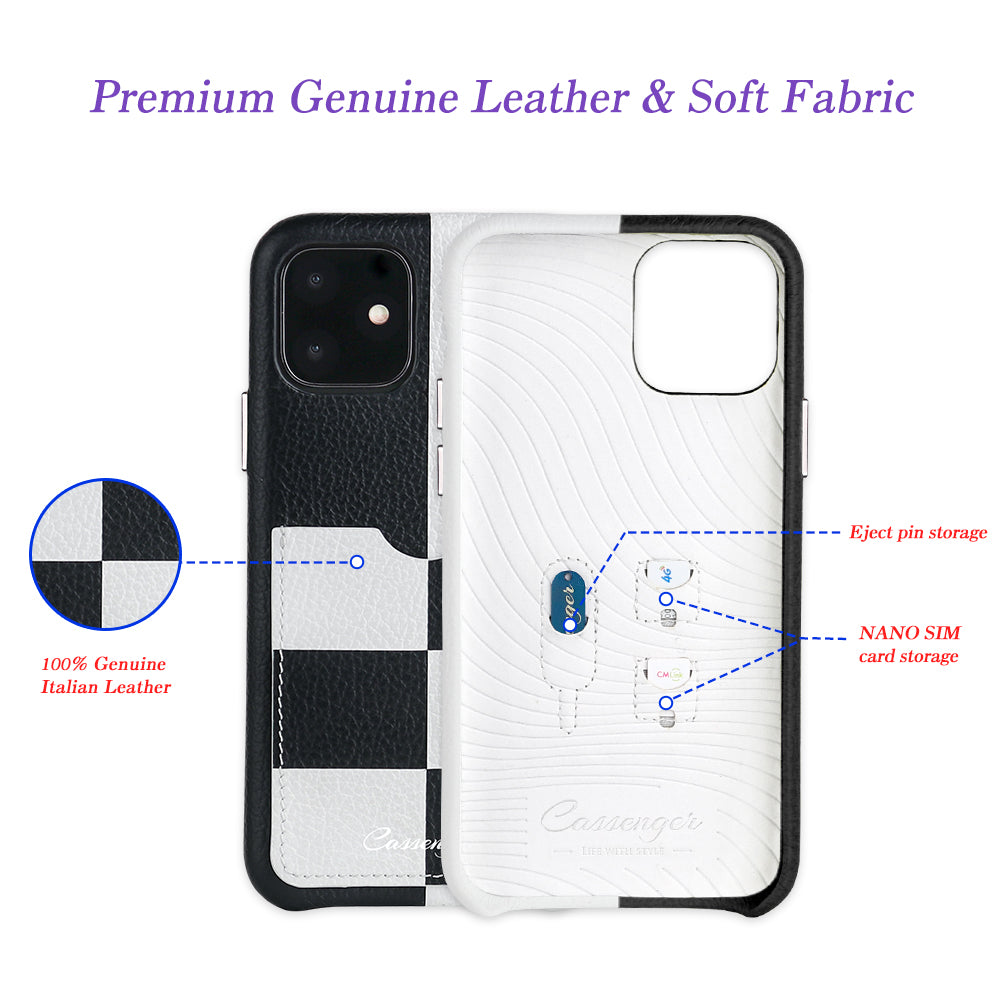 Cassenger Chessboard Series Genuine Italian Leather Case for iPhone 11 - Black & White Checker