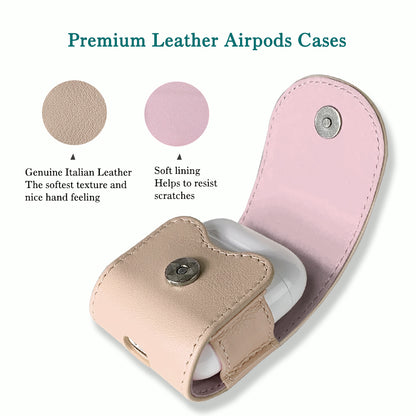 Compatible with Apple Airpods, Cassenger Genuine Italian Leather Magnet Closure Portable Protective Case Cover with Metal Clasp/Keychain/Leather Cable Strap