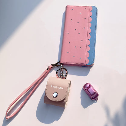 Compatible with Apple Airpods, Cassenger Genuine Italian Leather Magnet Closure Portable Protective Case Cover with Metal Clasp/Keychain/Leather Cable Strap
