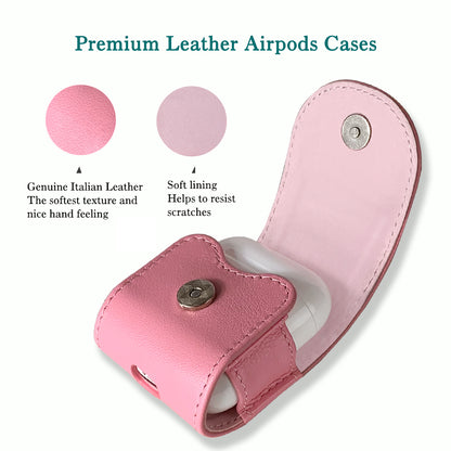 Compatible with Apple Airpods, Cassenger Genuine Italian Leather Magnet Closure Portable Protective Case Cover with Metal Clasp/Keychain/Leather Cable Strap