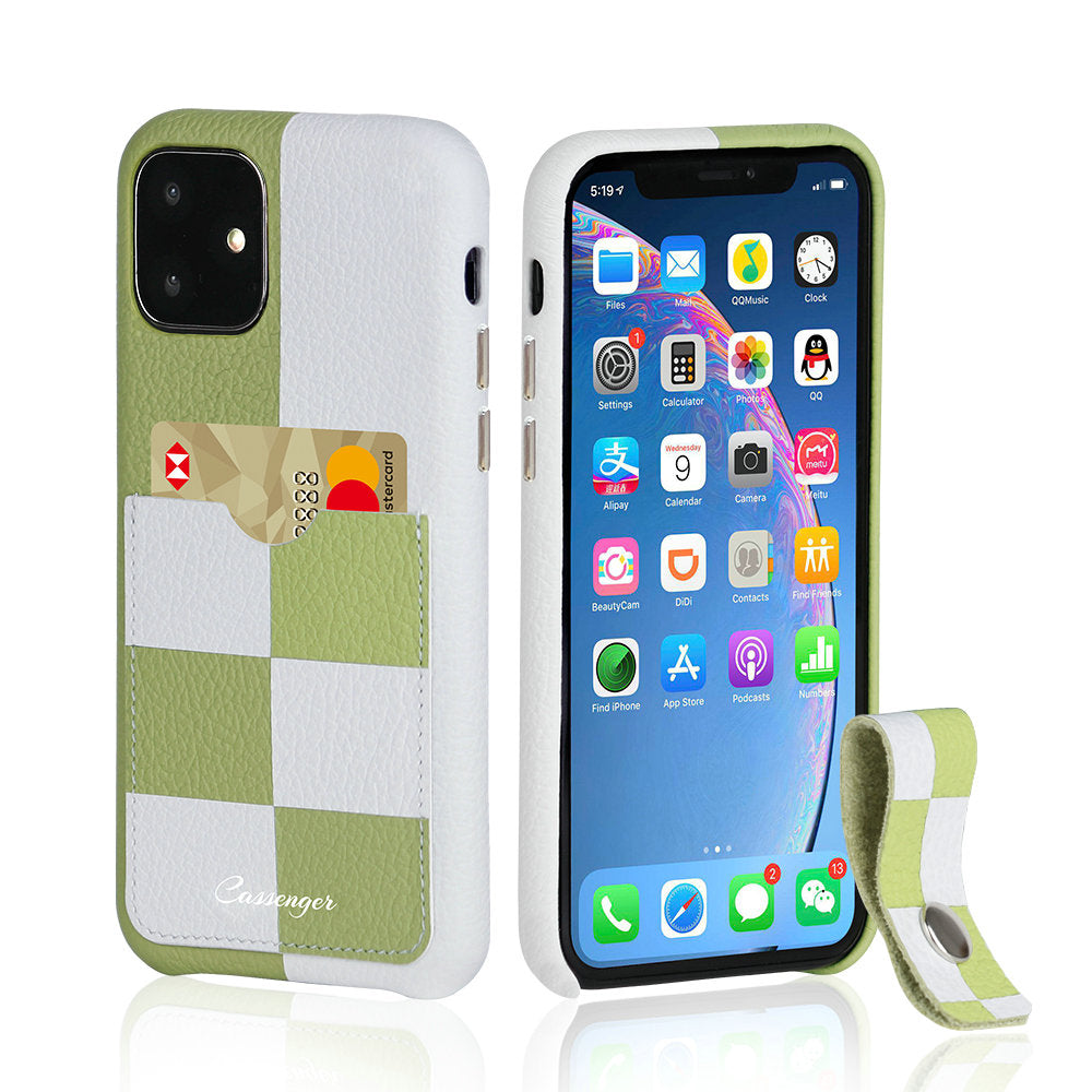 Cassenger Chessboard Series Genuine Italian Leather Case for iPhone 11 - Green & White Checker