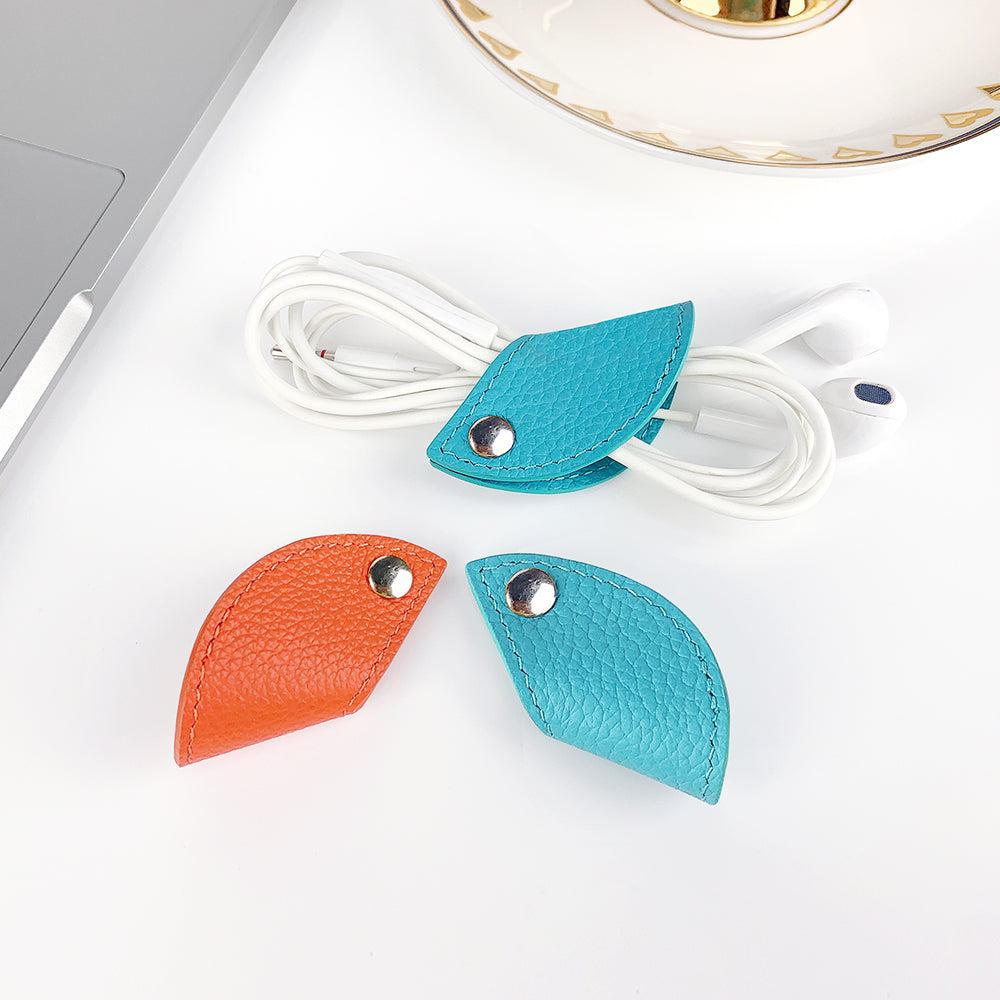 Cassenger Cord Keeper Management 4-Pack for Earbud Cable Organizer USB Cable Clips Genuine Leather - Orange/Blue